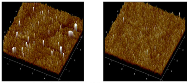 Side 3D AFM Images of Polymer A (left) and Polymer B (right)