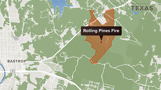 Terrain map highlighting the area where there was the Rolling Pines fire.