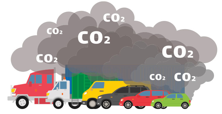 Graphic with cars and smoke surrounding them with CO2 text repeated throughout the smoke.