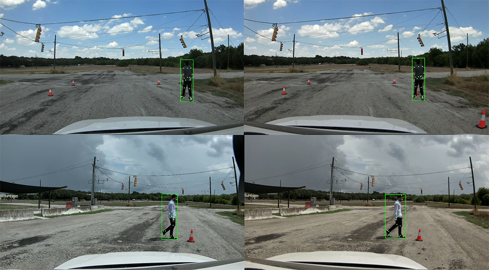 series of 4 images higlighting pedestrian detection and tracking data captured