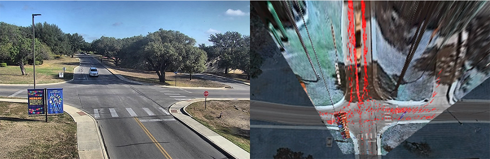 (left) campus traffic camera image. (right) traffic camera image projected into GPS coordinates and overlayed onto a satellite top down image