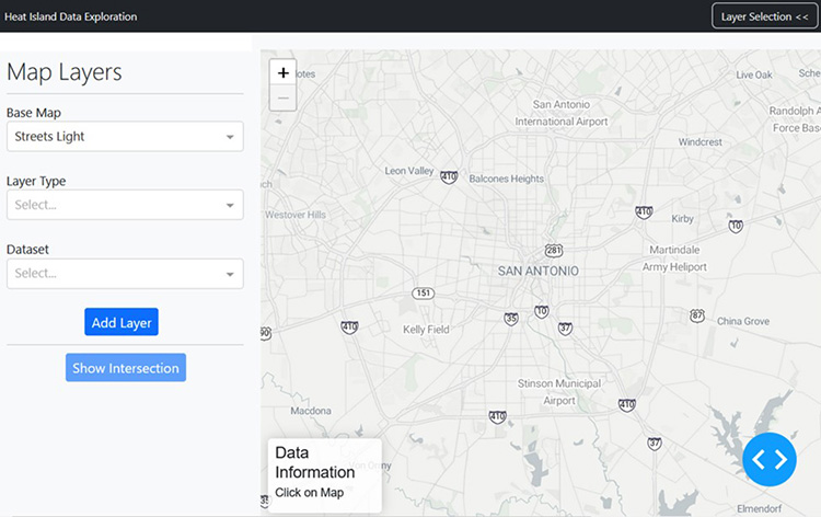 The landing page of the exploration tool that lets the user change the base map for the visualization and add multiple layers from the gathered data sets.