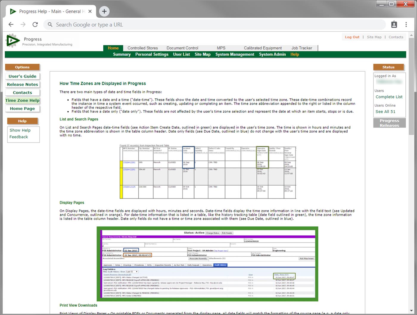 Larger image of Progress Time Zone Help screen