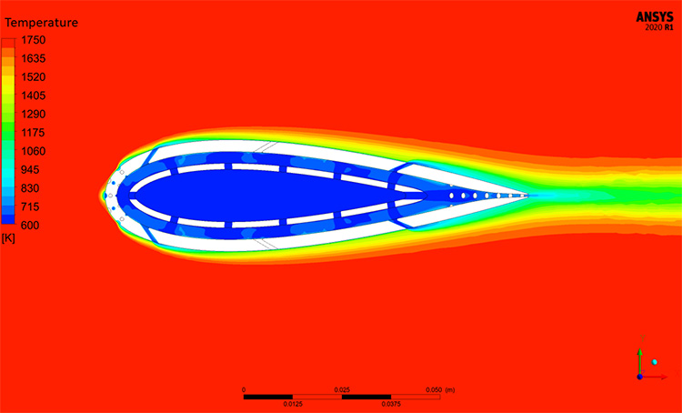 Results from CFD analysis of the film-cooled strut showing temperature contours in and around the test article.