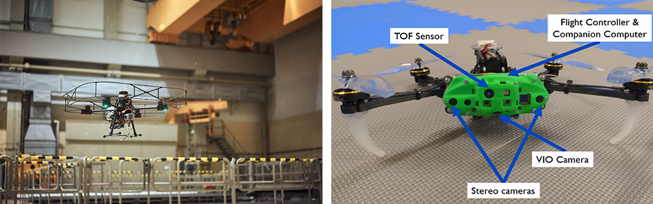 Two images. Left has a floating drone, right has a drone on the floor with labels pointing to different sections including TOF sensor, flight controller, VIO Camera, and Stereo camera.