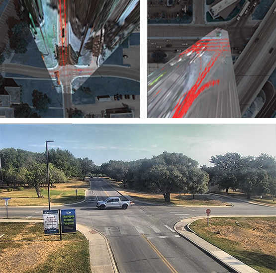 First one show traffic camera view of four way stop. Second image shows a different angle of traffic camera view of a highway. Third one shows a normal view of a four way stop.