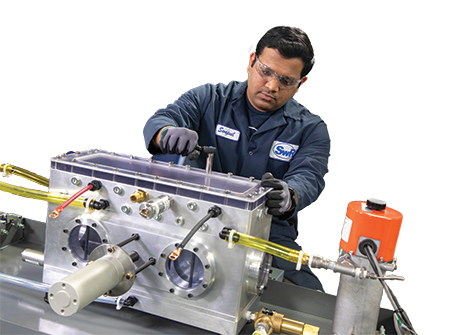 Dr. Swapnil Salvi demonstrating a battery immersion cooling test rig