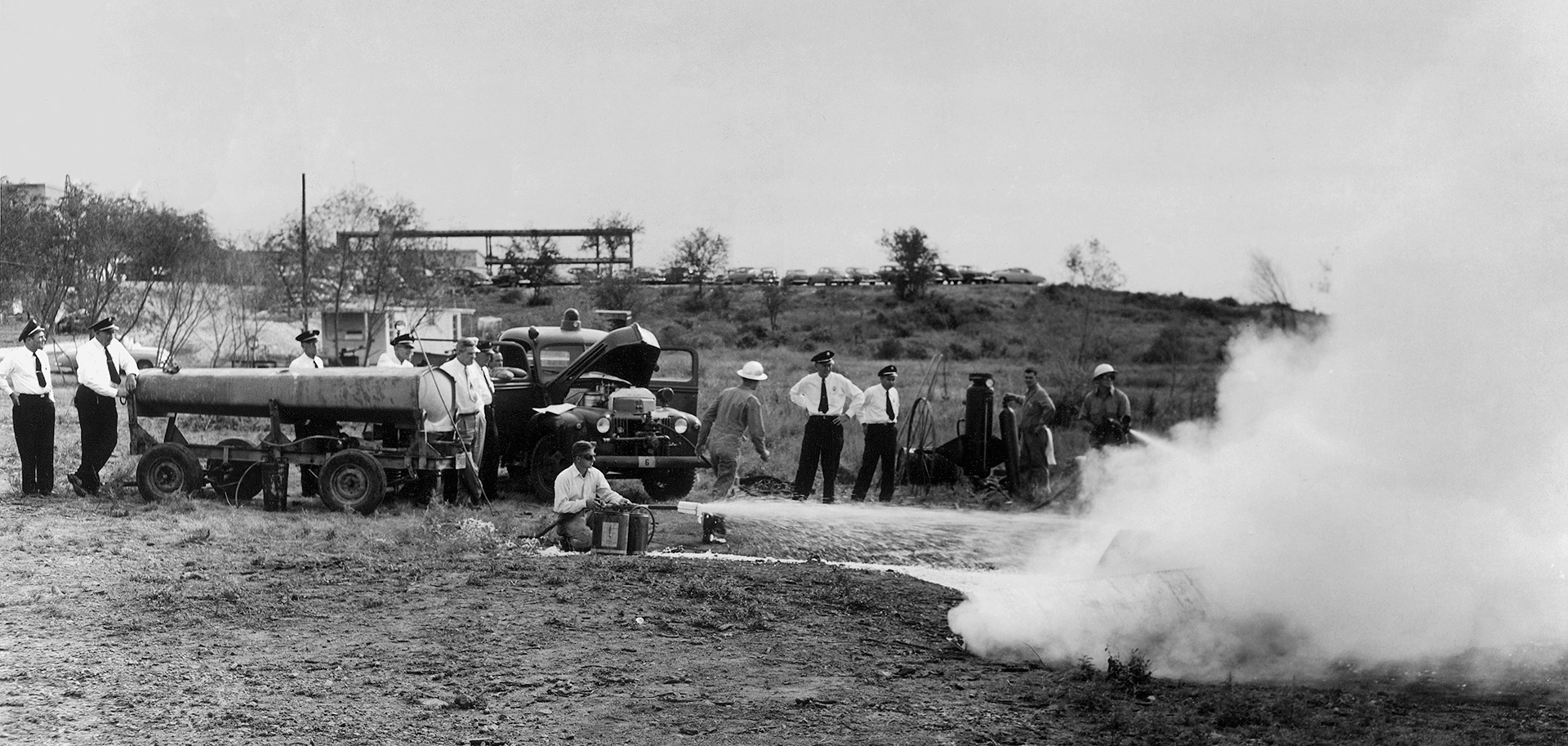 SwRI fire technology engineers testing various extinguishing agents