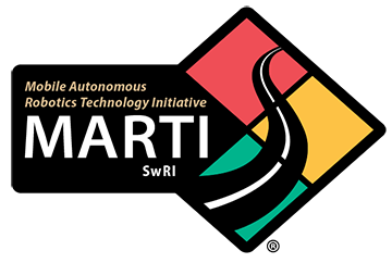 Logo with green, yellow, red and black squares making up a bigger black outline square with the graphic of a road going through it. Text in logo is MARTI, Mobile Autonomous Robotics Technology Initiative.