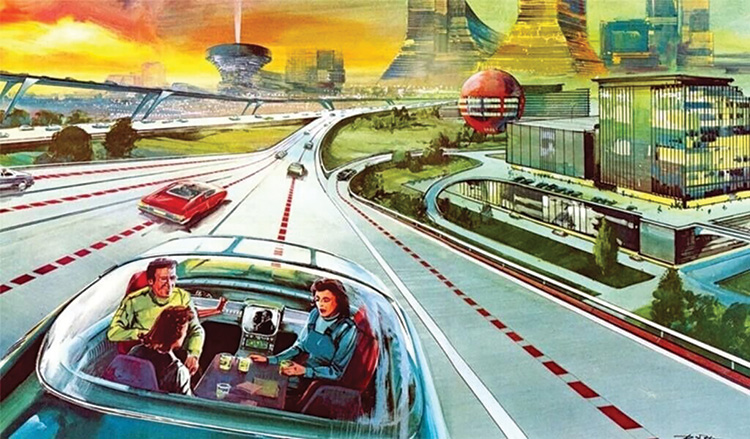 Artwork depicting retro-futuristic self driving cars on a highway. 