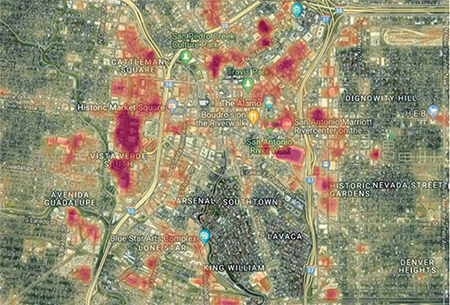 map of San Antonio with urban heat islands near downtown identified in red