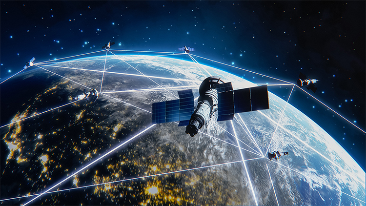 Many satellites flying over earth as seen from space. They connect and cover planet with digitalization network of information.