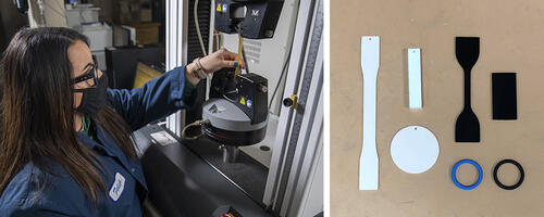 (left) masked woman in blue lab coat conducting tensile strength and elongation testing with instron machine. (right) variety of material specimens 