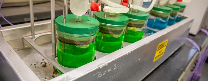 row of green coolant in jars undergoing coolant testing