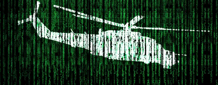 Green lines of encrypted code with a white helicopter imposed on top