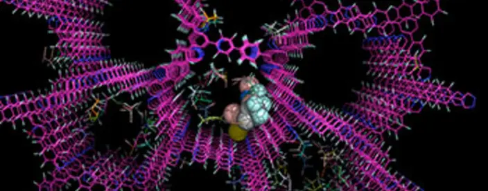 Image: three-dimensional structure using SwRI-developed software Rhodium shows the capture of volatile halothanes by a perfluorinated organic crystal.