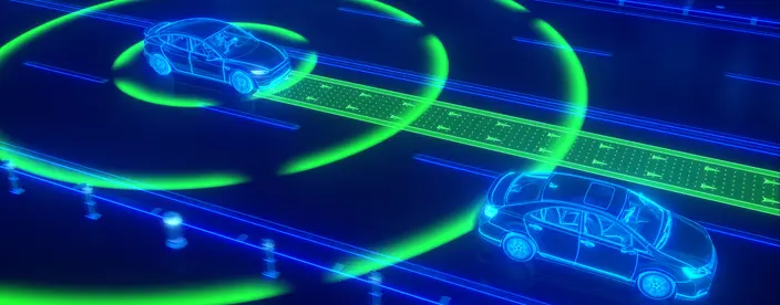 Blue background with highlighted outlines of cars on road, with green circular lines representing sensors emitting from the cars.