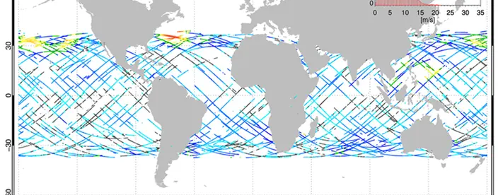 map shows the ocean surface wind measurements 