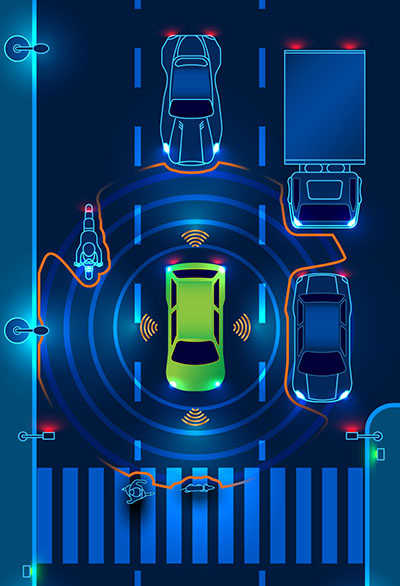 Graphic showing a vehicle connected with and sensing its surroundings