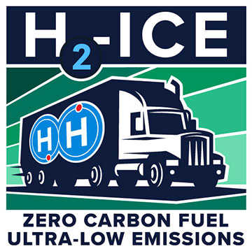 Logo for H2-ICE with a heavy duty tractor trailer featured.