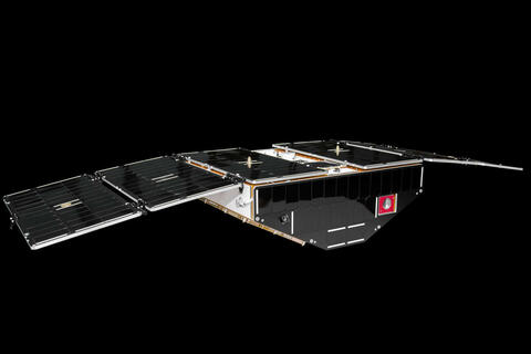 A model of the Cyclone Global Navigation Satellite System (CYGNSS) against a solid black background