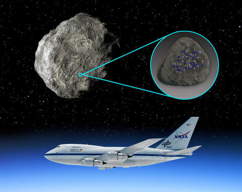 Composite image of water molecules on the surface of an asteroid