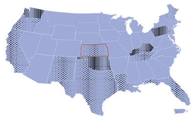 Map of the USA with select states marked