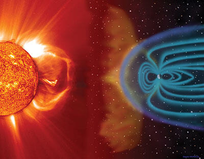 Illustration showing solar wind from the sun and magnetic fields from the Earth