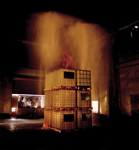 SwRI conducts fire detection and suppression studies in its large-scale warehouse/ sprinkler facility.