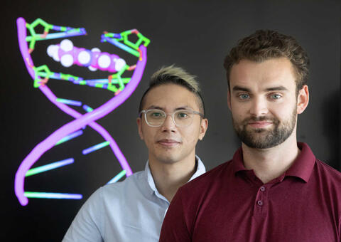 Portrait of SwRI Scientist Dillon Cao and Research Scientist Dr. Tristan Adamson in front of DNA background