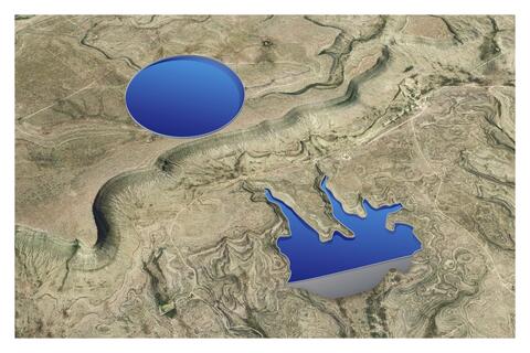 Upper reservoir sited atop a mesa and a lower reservoir created by damming canyons below