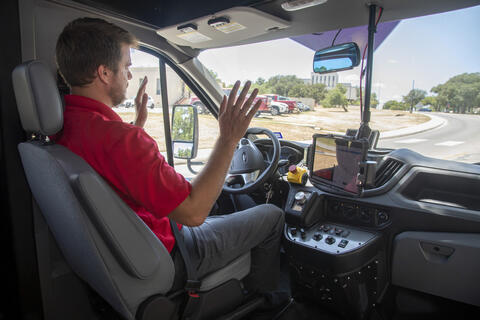 Alex Youngs demonstrates the self-driving capability from inside the vehicle