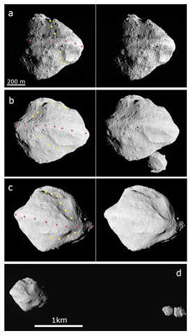 Series of stereographic images of asteroid Dinkinesh with a surface trough and ridge