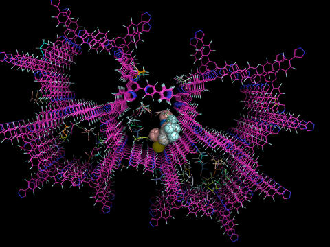 Image: three-dimensional structure using SwRI-developed software Rhodium shows the capture of volatile halothanes by a perfluorinated organic crystal