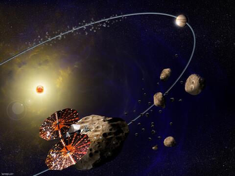 Southwest Research Institute is leading NASA’s Lucy mission, which will launch in 2021 for the first reconnaissance of the Trojans, a population of primitive asteroids orbiting in tandem with Jupiter. In this artist’s concept (not to scale), the Lucy spac