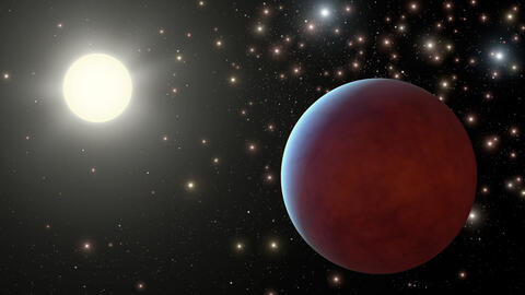 Pink planet up close with a star in the background and multiple other stars further away