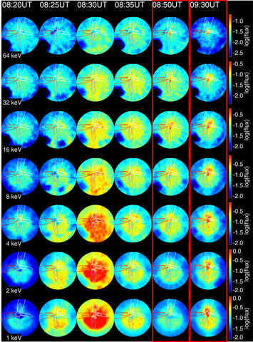 These energetic neutral atom (ENA) panels show IBEX observations before (left) and after (right) the solar wind impacted the Earth’s magnetosphere on April 5, 2010