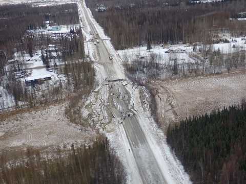 Overhead photo of Vine Road with lateral spread liquefaction outside of Wasilla, Alaska