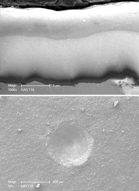 (top) cross-sectional SEM micrograph of a thick DLC coating deposited on the interior surface of a long stainless steel pipe. (bottom) HRC indentation performed on the surface of coating showing no coating delamination or cracking