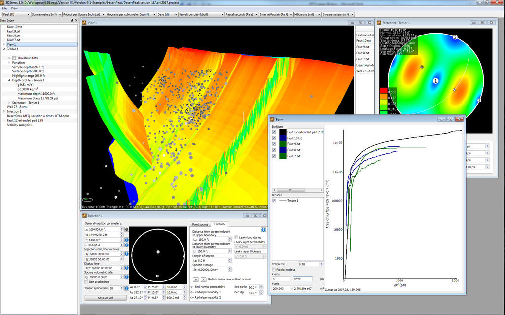 3DStress has tools that evaluate how much of a fault’s area is at risk of slipping in the stress state it is experiencing.